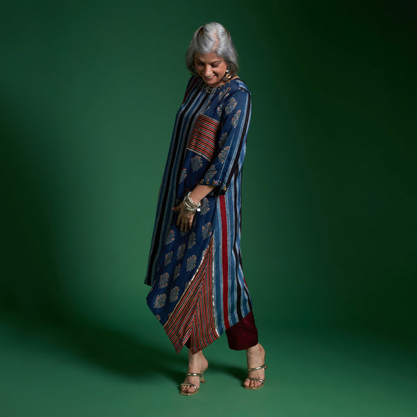 IRA Tunic 3 Piece Set - Blue Ajrakh Modal Satin with Red Dupatta