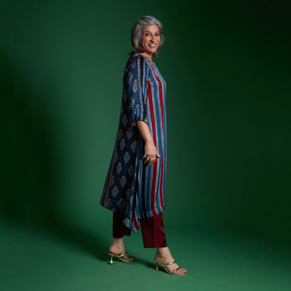 IRA Tunic 3 Piece Set - Blue Ajrakh Modal Satin with Red Dupatta