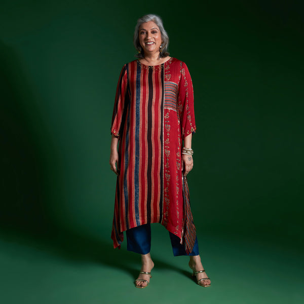 IRA Tunic 3 Piece Set - Red Ajrakh Modal Satin with Blue Dupatta
