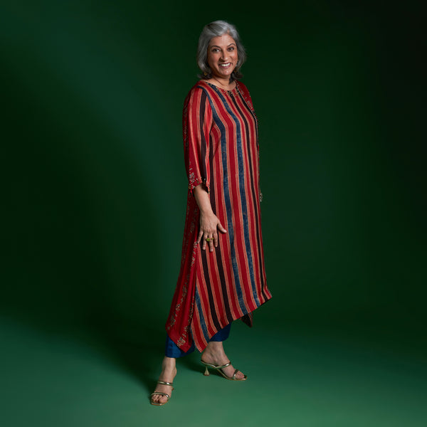 IRA Tunic 3 Piece Set - Red Ajrakh Modal Satin with Blue Dupatta