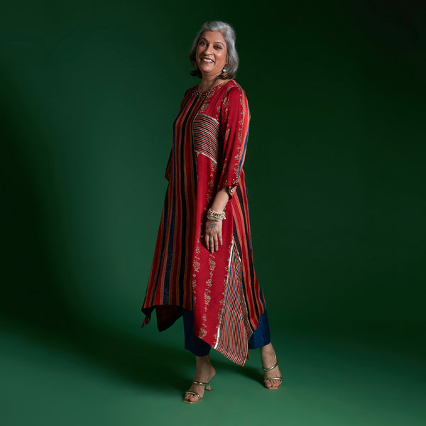 IRA Tunic 3 Piece Set - Red Ajrakh Modal Satin with Blue Dupatta
