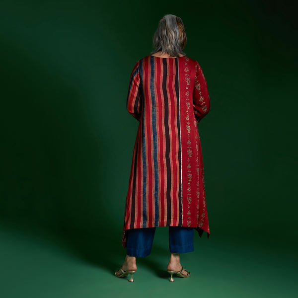 IRA Tunic 3 Piece Set - Red Ajrakh Modal Satin with Blue Dupatta