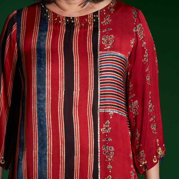 IRA Tunic 3 Piece Set - Red Ajrakh Modal Satin with Blue Dupatta