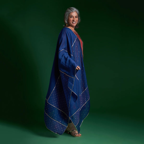 IRA Tunic 3 Piece Set - Red Ajrakh Modal Satin with Blue Dupatta