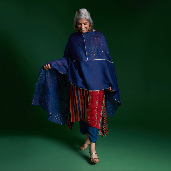 IRA Tunic 3 Piece Set - Red Ajrakh Modal Satin with Blue Dupatta
