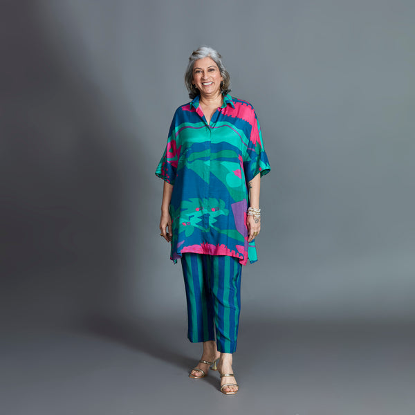 ISHA tunic Set - Emerald Blue Printed Cotton Silk