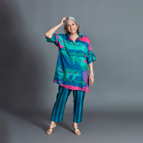 ISHA tunic Set - Emerald Blue Printed Cotton Silk