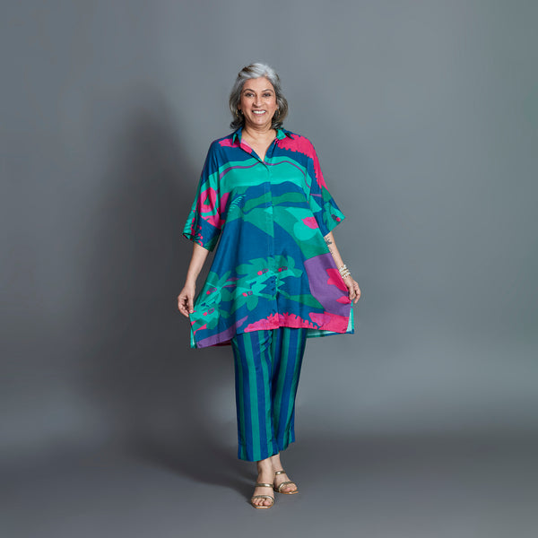 ISHA tunic Set - Emerald Blue Printed Cotton Silk