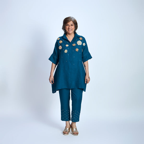 ISHA Set with GOTA Flowers - Deep Peacock