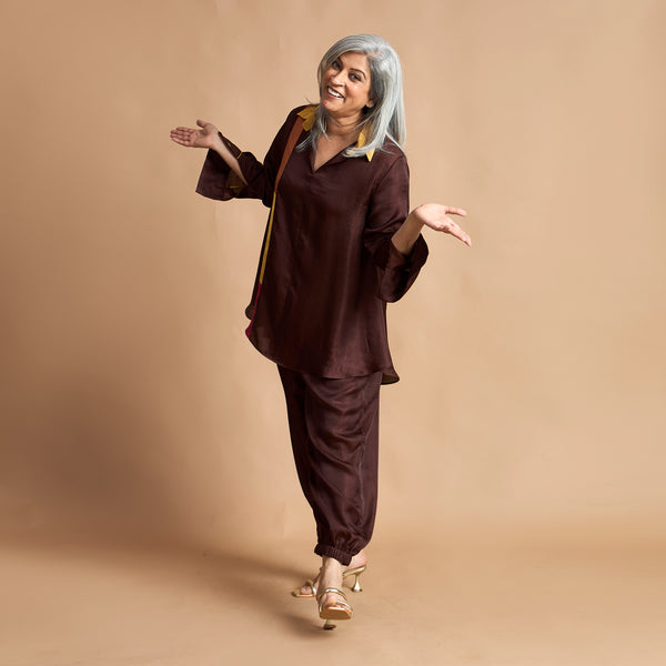 KAVYA  Shirt with Jogger Pants - Coffee Brown