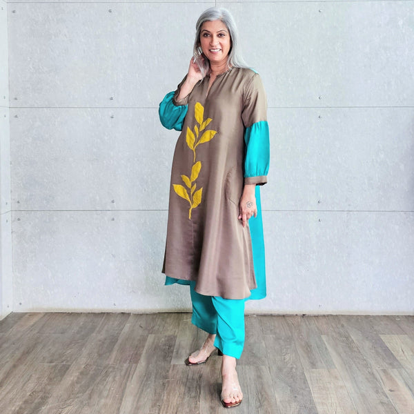 Kavya Tunic (Long) with Pants - Grey & Turquoise (SOLD OUT)