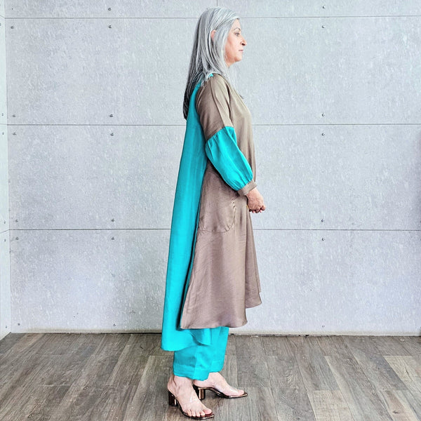 Kavya Tunic (Long) with Pants - Grey & Turquoise (SOLD OUT)