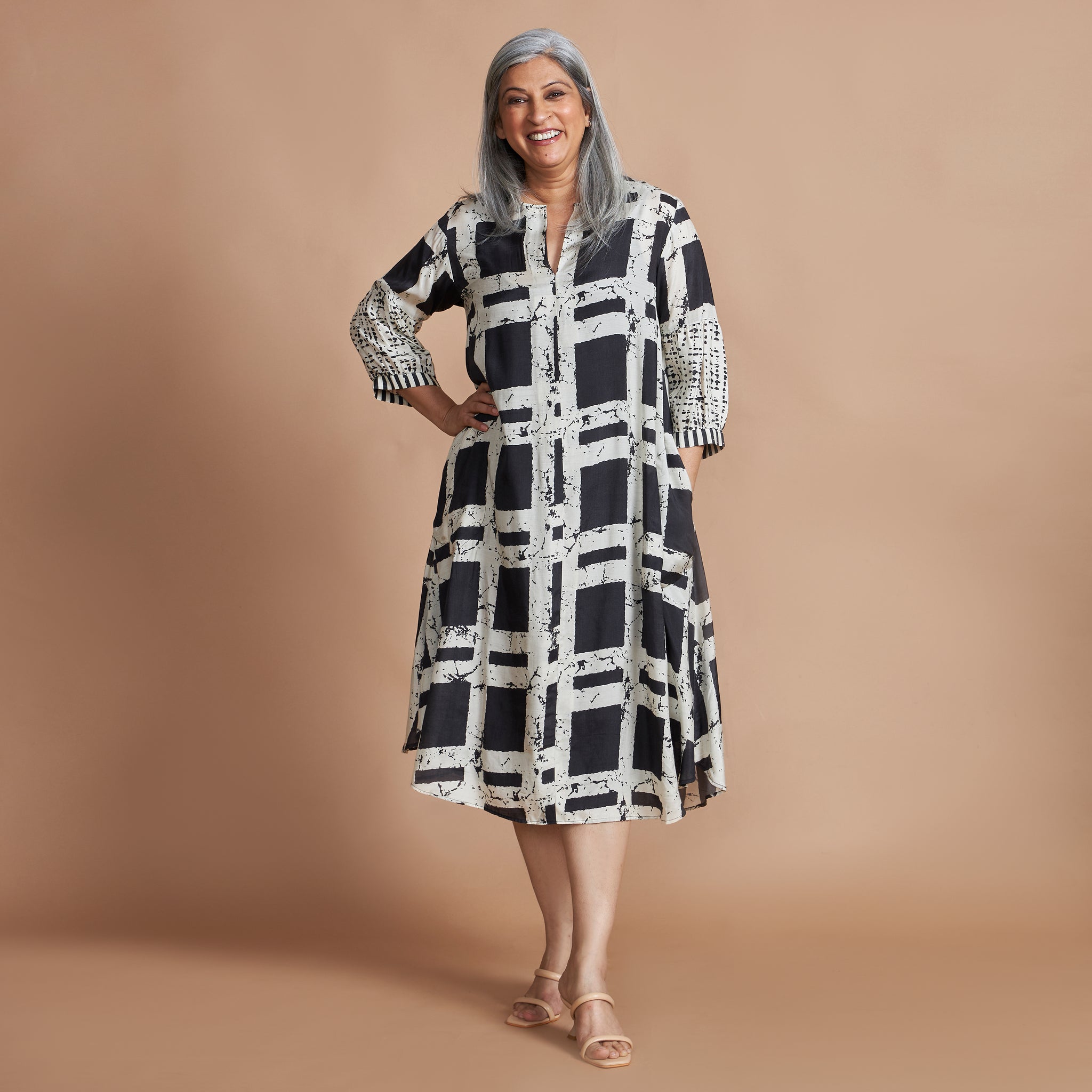 KAVYA A-line Dress - Black Ivory Print