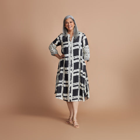 KAVYA A-line Dress - Black Ivory Print
