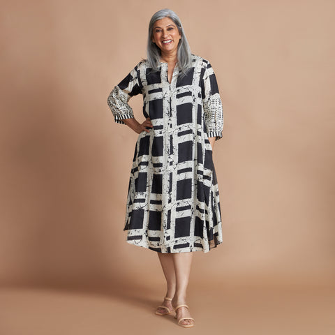 KAVYA A-line Dress - Black Ivory Print