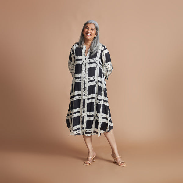 KAVYA A-line Dress - Black Ivory Print