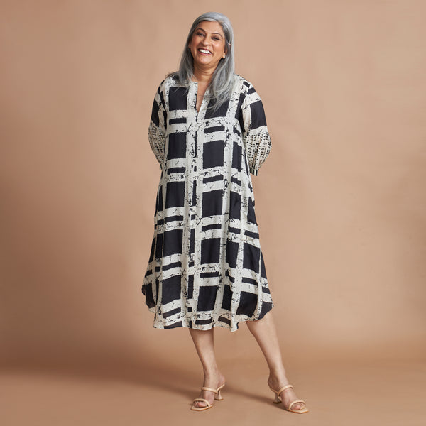 KAVYA A-line Dress - Black Ivory Print