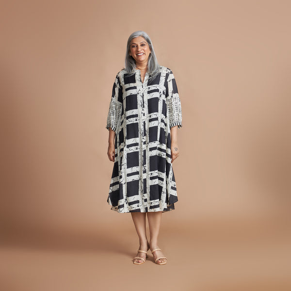 KAVYA A-line Dress - Black Ivory Print