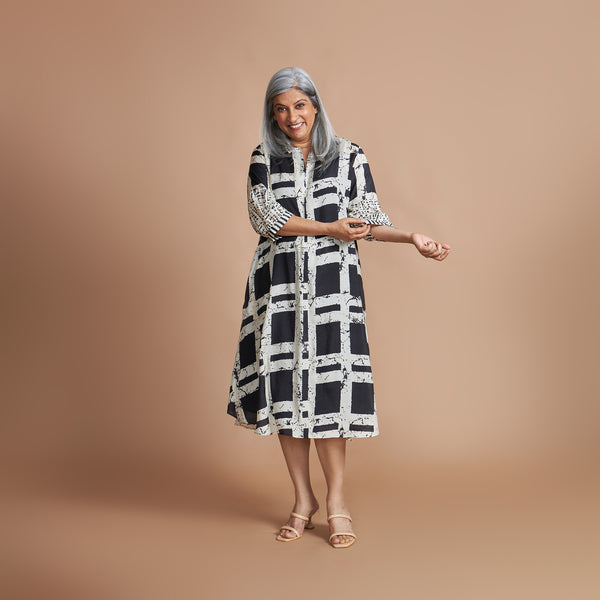 KAVYA A-line Dress - Black Ivory Print