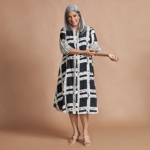 KAVYA A-line Dress - Black Ivory Print
