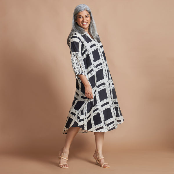 KAVYA A-line Dress - Black Ivory Print