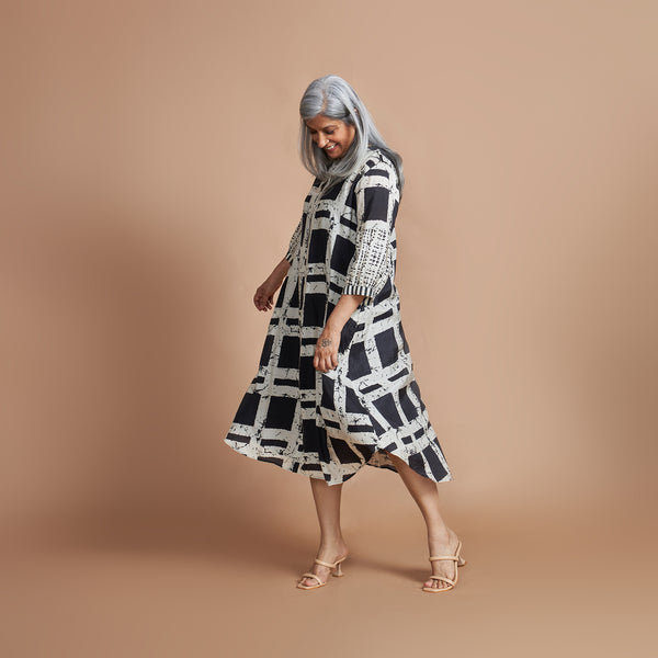 KAVYA A-line Dress - Black Ivory Print