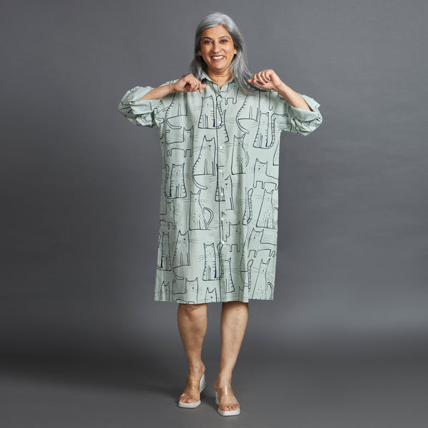 LUCKY Cat Print Dress - Mint & Black (LAST PIECE)