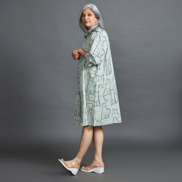 LUCKY Cat Print Dress - Mint & Black (LAST PIECE)