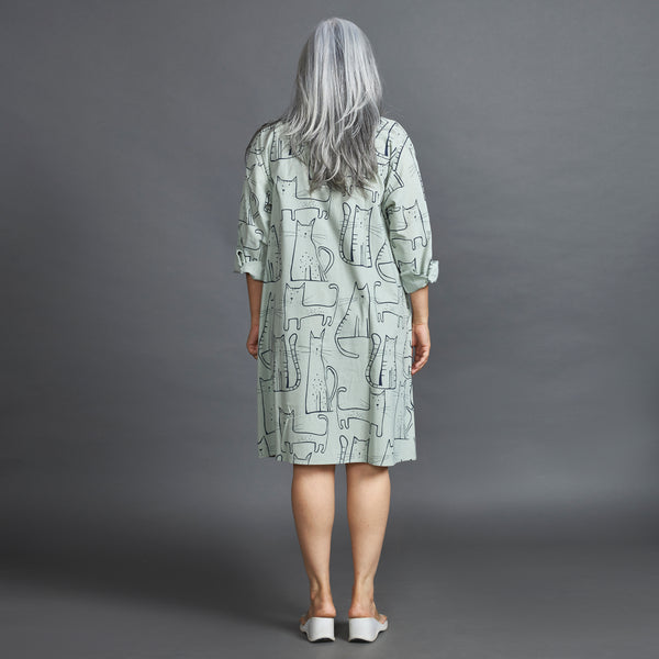 LUCKY Cat Print Dress - Mint & Black (LAST PIECE)