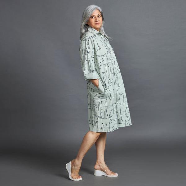 LUCKY Cat Print Dress - Mint & Black (LAST PIECE)