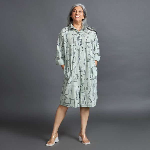 LUCKY Cat Print Dress - Mint & Black (LAST PIECE)