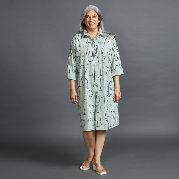 LUCKY Cat Print Dress - Mint & Black (LAST PIECE)
