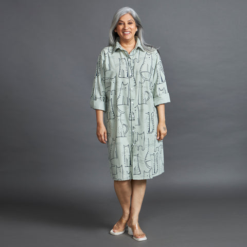 LUCKY Cat Print Dress - Mint & Black (LAST PIECE)