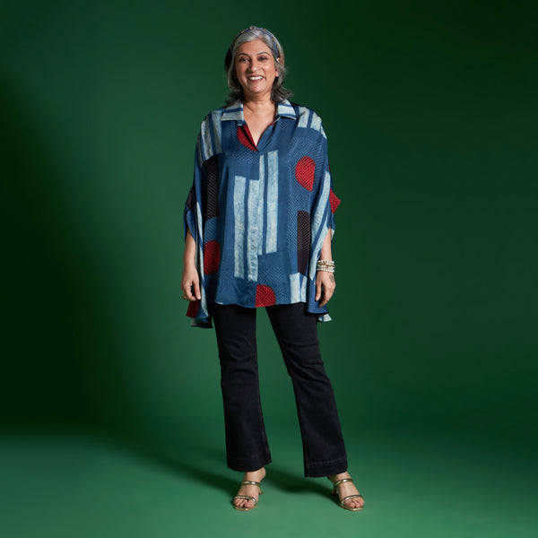 LELA Butterfly Shirt - Blue Ajrakh Modal Satin