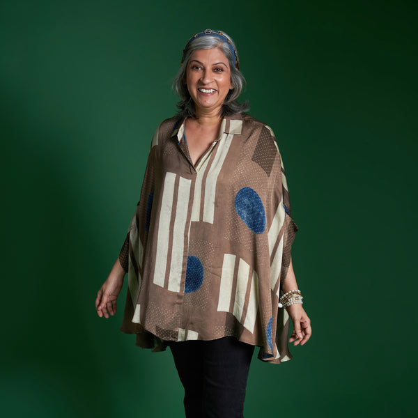 LELA Butterfly Shirt - Fawn Ajrakh Modal Satin