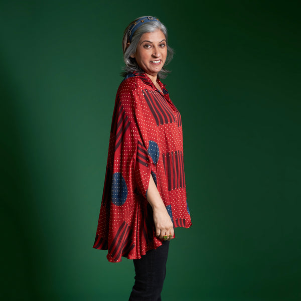 LELA Butterfly Shirt - Red Ajrakh Modal Satin