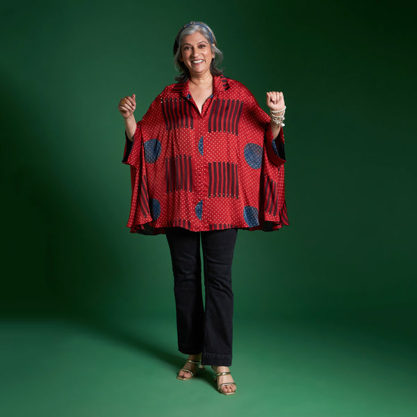 LELA Butterfly Shirt - Red Ajrakh Modal Satin