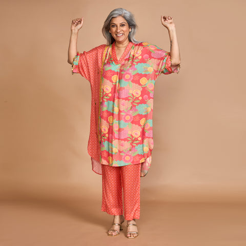 MEHAR  Kaftan Set - Carrot Orange Floral Print (LAST PIECE)