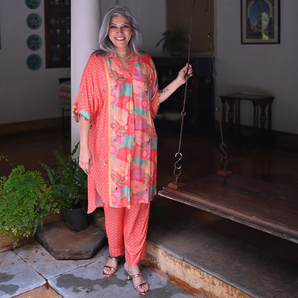 MEHAR  Kaftan Set - Carrot Orange Floral Print