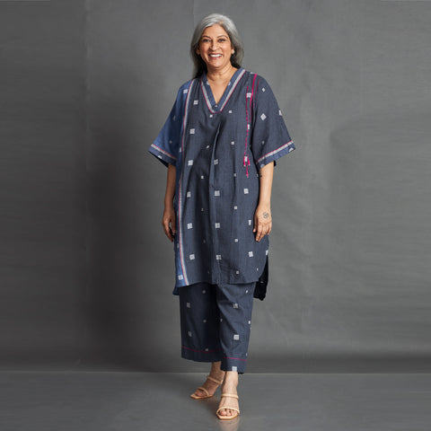 Mikki Kaftan Set - Blue & Gray with embroidery