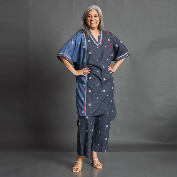 Mikki Kaftan Set - Blue & Gray with embroidery