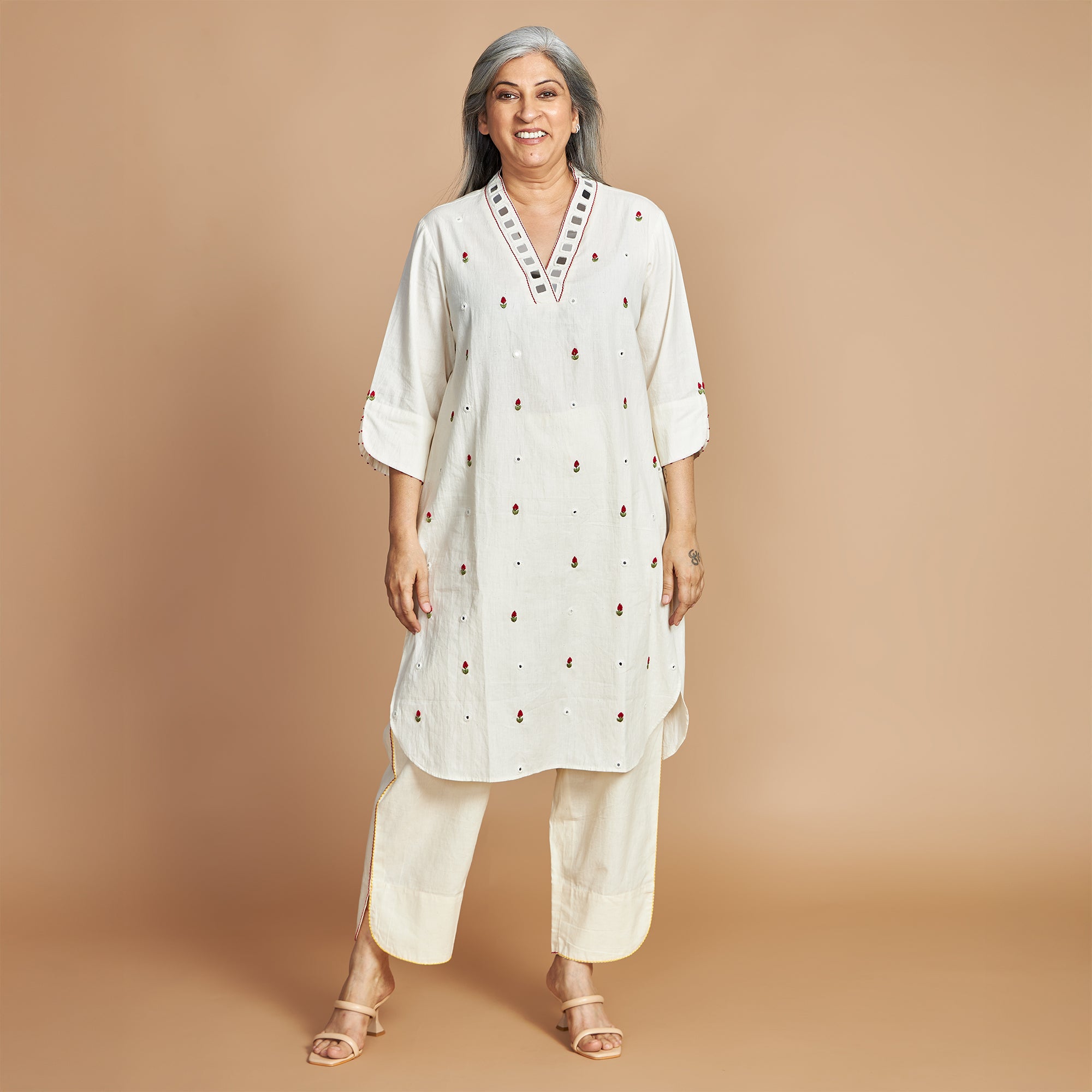 Mira Shawl-Collar Tunic Set - Ivory & Red