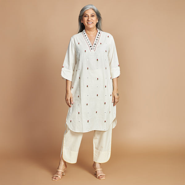 Mira Shawl-Collar Tunic Set - Ivory & Red