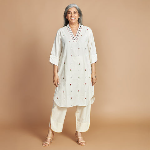Mira Shawl-Collar Tunic Set - Ivory & Red