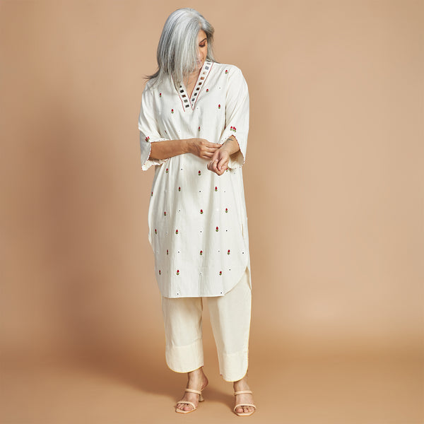 Mira Shawl-Collar Tunic Set - Ivory & Red