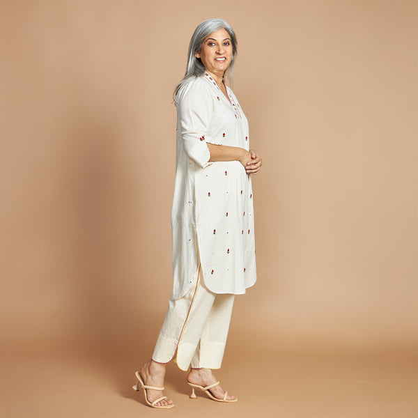 Mira Shawl-Collar Tunic Set - Ivory & Red