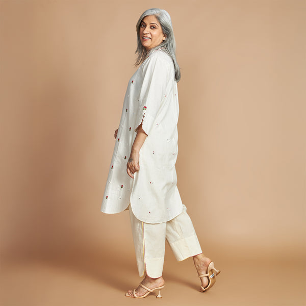 Mira Shawl-Collar Tunic Set - Ivory & Red