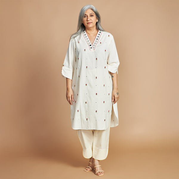 Mira Shawl-Collar Tunic Set - Ivory & Red