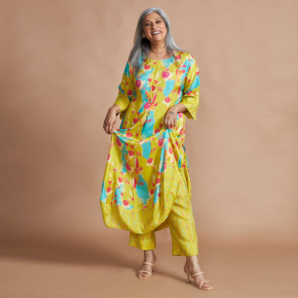 NAIMA Draped Dress with pants - Lemon Abstract Print