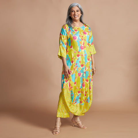 NAIMA Draped Dress with pants - Lemon Abstract Print